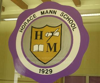 window lettering, hand lettering on windows - Horace Mann School
